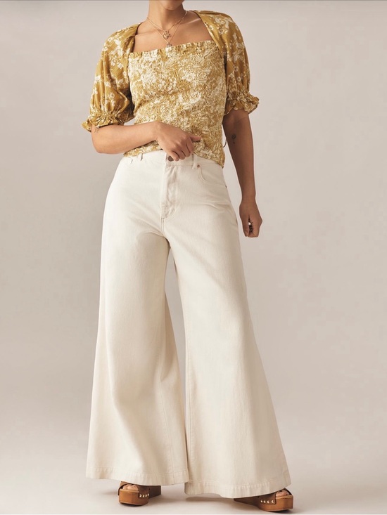 Anthropologie Tops - Anthropologie Mustard Floral Smocked Puff Sleeve Top